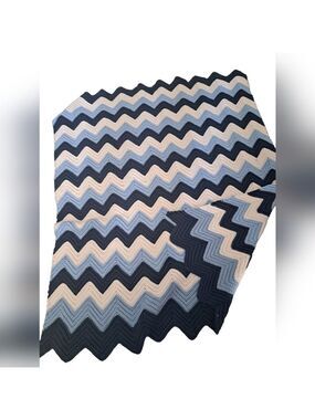 Beachy blues Afghan zig zag knit crochet coastal cottagecore throw blanket 60x50